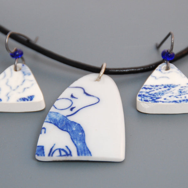 Antique Japanese Porcelain Earrings and Necklace Set