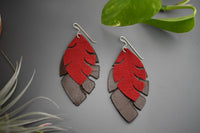 Red Feather Corduroy and Leather Earrings - Large and Lightweight - Custom Laser Cut Design