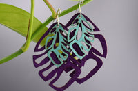 Lush Tropical Silhouette Green and Purple Leaf Earrings - Lightweight, Open, Summer Style
