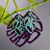 Lush Tropical Silhouette Green and Purple Leaf Earrings - Lightweight, Open, Summer Style