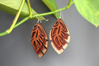 Multilayered Leather and Wood Feather Earrings - Lightweight - Limited Edition