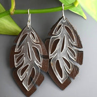 Tropical Leaf Earrings with Frosted White and Brown Leather Layers