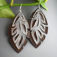 Tropical Leaf Earrings with Frosted White and Brown Leather Layers