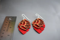 Red Feather Corduroy and Leather Earrings with large Sterling Silver ear hooks
