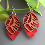 Red Feather Corduroy and Leather Earrings with large Sterling Silver ear hooks