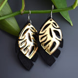 Black and Gold Tropical Leaves with Mirror Finish on Soft Bison Leather