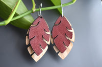 Feather Earrings - Made from Leather and Wood - Lightweight with Large Handcrafted Sterling Silver Hooks