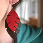 Red Feather Corduroy and Leather Earrings - Large and Lightweight - Custom Laser Cut Design