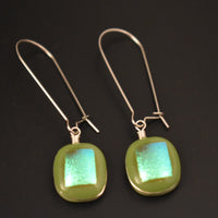 Olive Green Sparkly Glass Dangle Drop Earrings