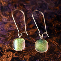 Green and Gold Bright Deep Translucent Glass Dangle Drop Earrings