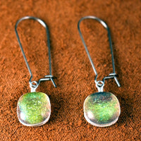 Green and Gold Bright Deep Translucent Glass Dangle Drop Earrings